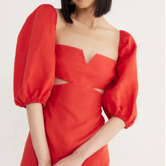 RUMER NWT Freya Cut Out Mini Dress Linen Puffed Sleeves Tuscany Red M - Picture 6 of 11